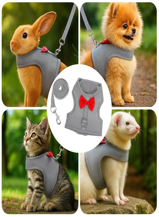 Larrel Rabbit Harness and Leash Set,Bunny Leash for Walking Escape Proof,Bunny Clothes with Cute Bow Mesh Breathable Adjustable Vest Rabbit Harness Camping Hiking Training for Ferret Kitten Puppy (Grey M) - Image 4